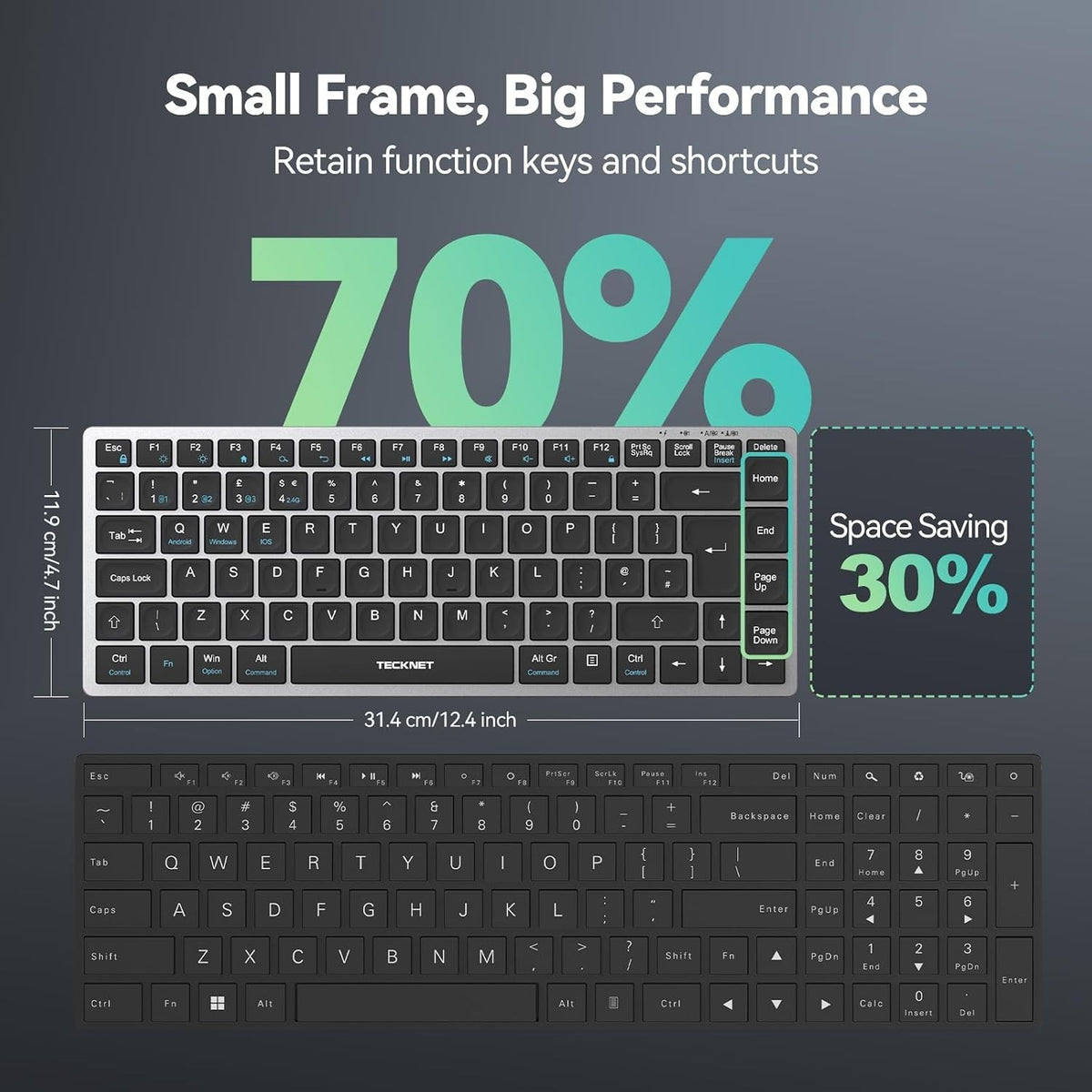 TECKNET 2.4G Wireless Keyboard, Rechargeable Bluetooth Keyboard for 4 Multi Devi