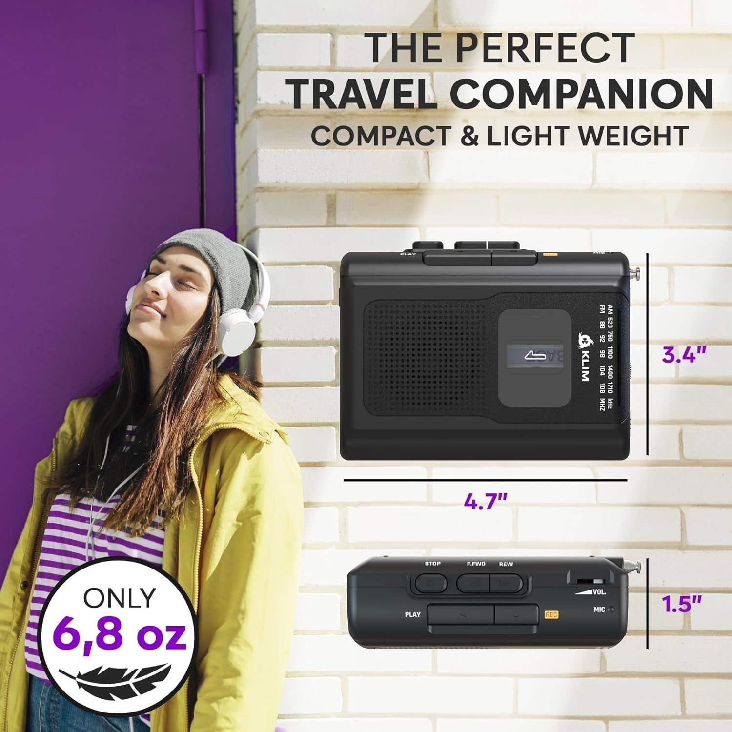 Klim K8 Portable Cassette Player and AM/FM Radio with Built-In Earphones