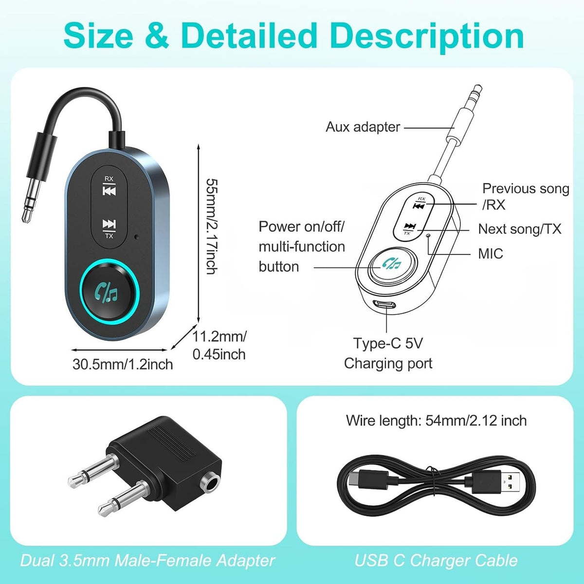 Bluetooth 5.3 Transmitter Receiver, Dual Pairing Wireless Car/Airplane Bluetooth