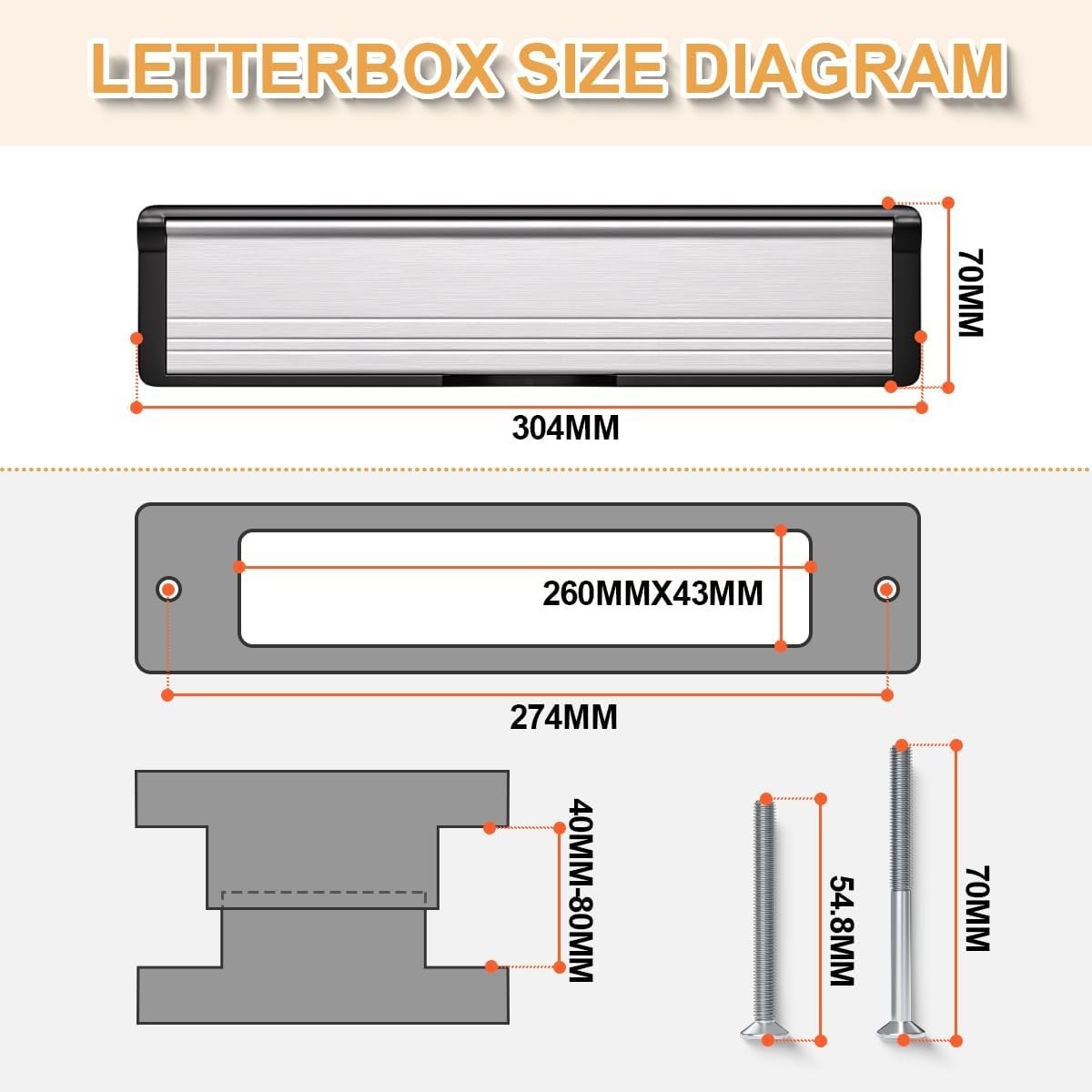 Letterbox Bwintech 305*70MM (12") Silver Adjustable Aluminium Wood UPVC Door