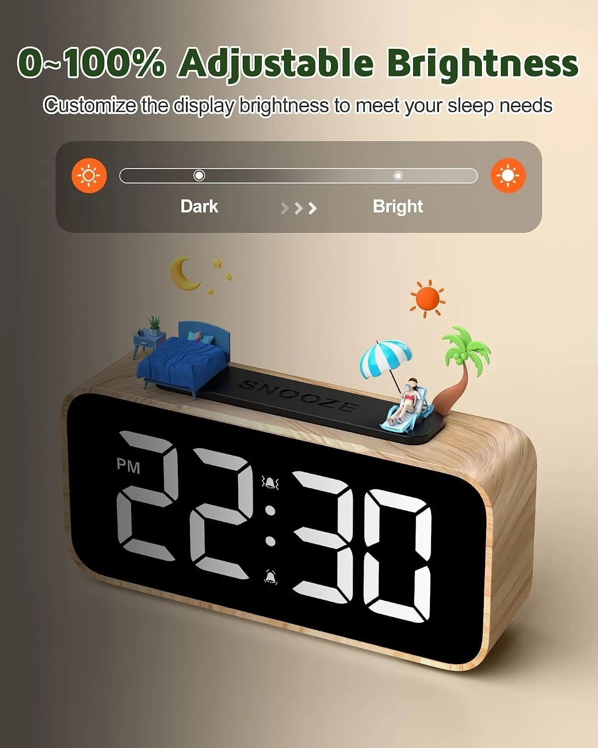 GOLOZA Alarm Clocks for Bedrooms, Wood Grain, Digital Clock with Large Displa...