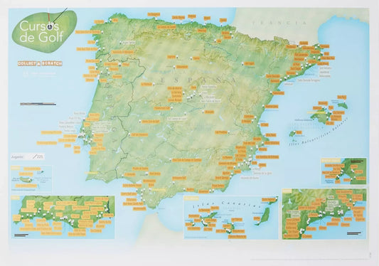 SCRATCH OFF GOLFERS MAP OF SPAIN AND PORTAGUL 42 X 30 CM