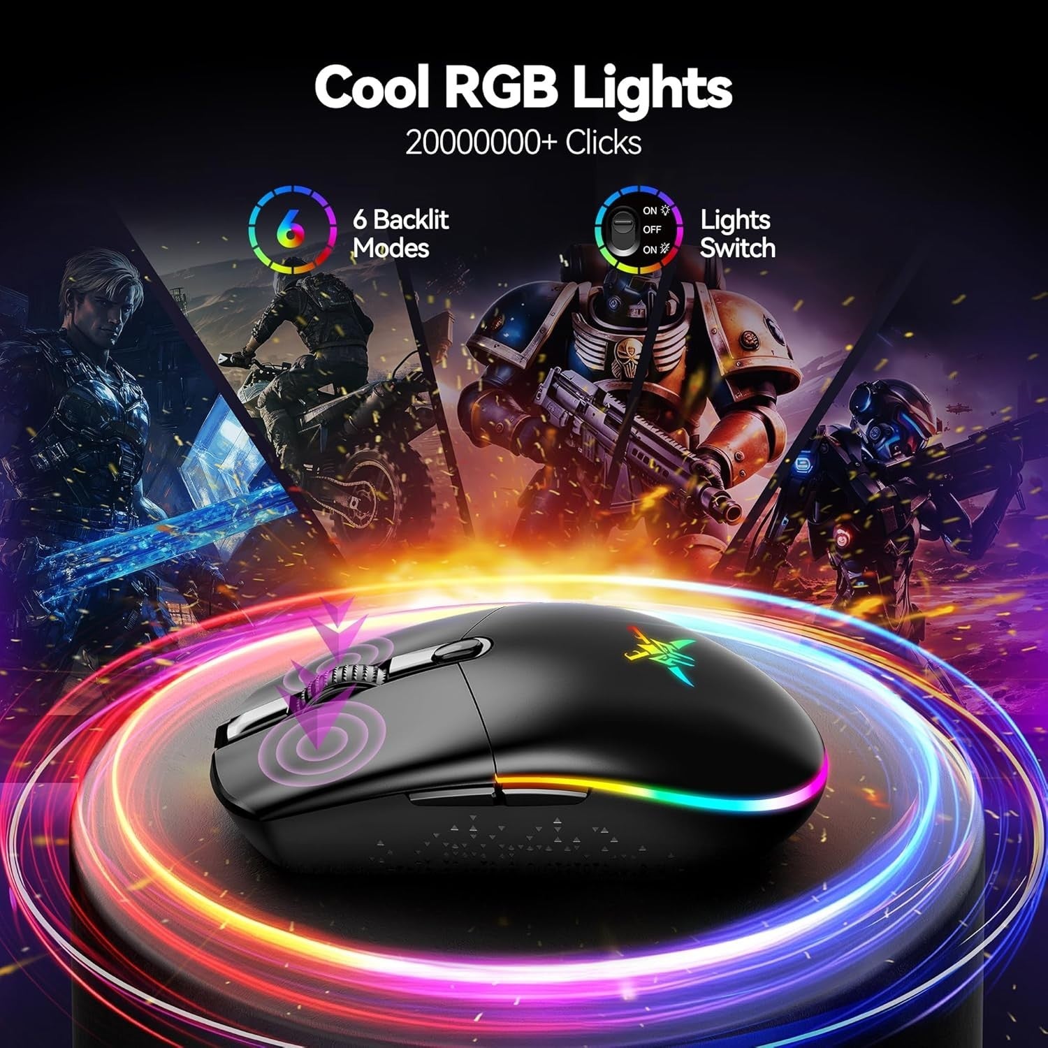TECKNET Wireless Gaming Mouse 8000 DPI RGB Rechargeable Black LED Lights 