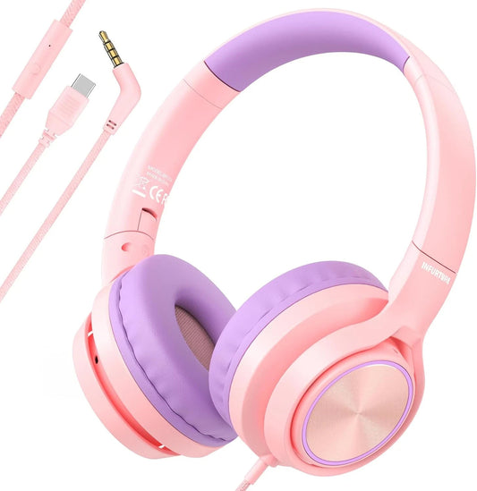 INFURTURE Kids Headphones CH5 USB C Headphone with Mic for Boys/Girls, Line Cont