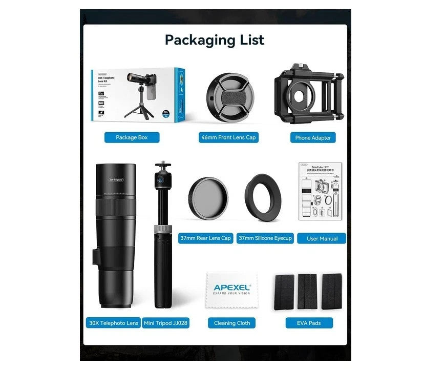 APEXEL 30X HD Telephoto Lens High Power Zoom Camera Lens With Tripod For Iphone