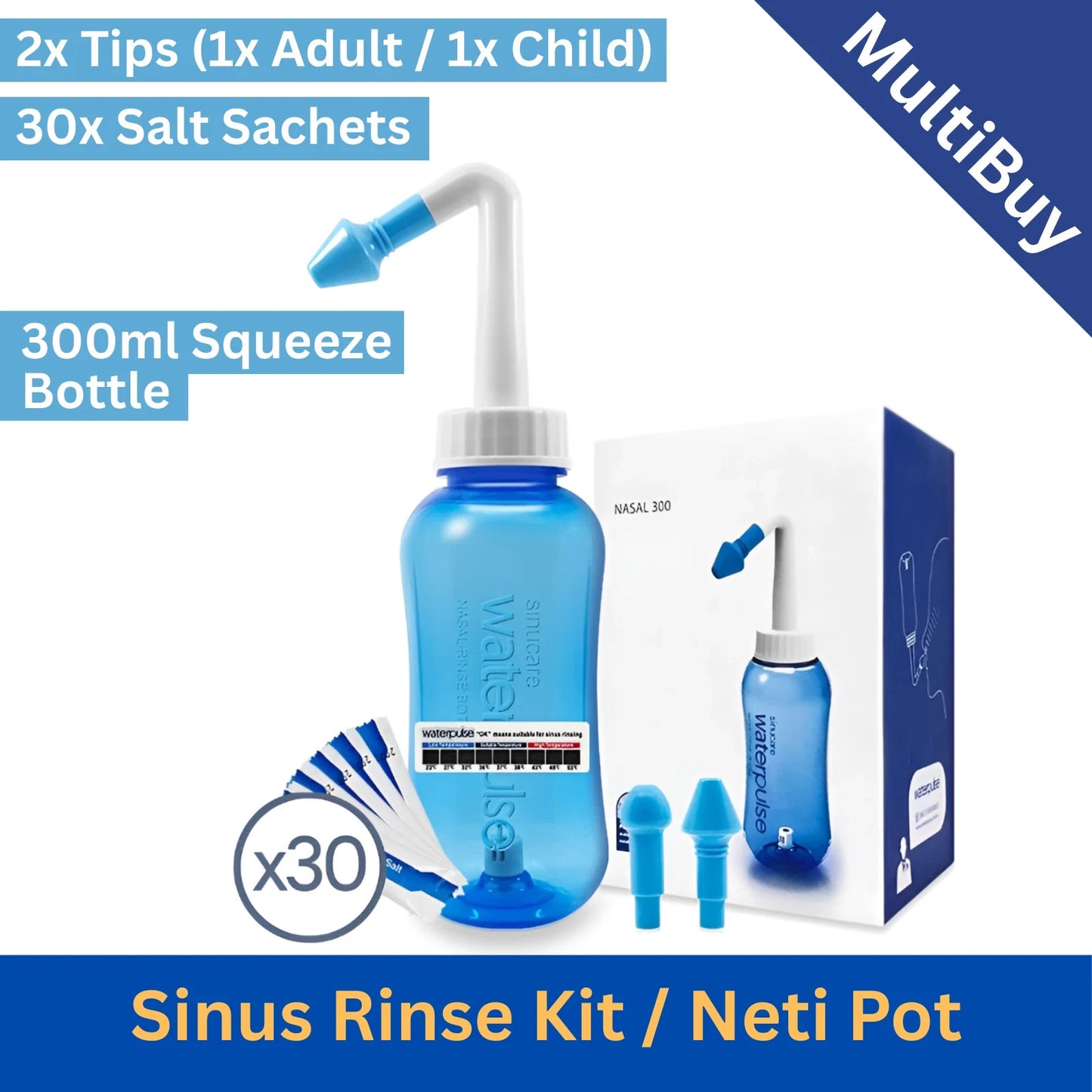 300ml Sinus Rinse Kit WATERPULSE Neti Pot Sinus Nasal Relief Wash 30 Salt Sachet