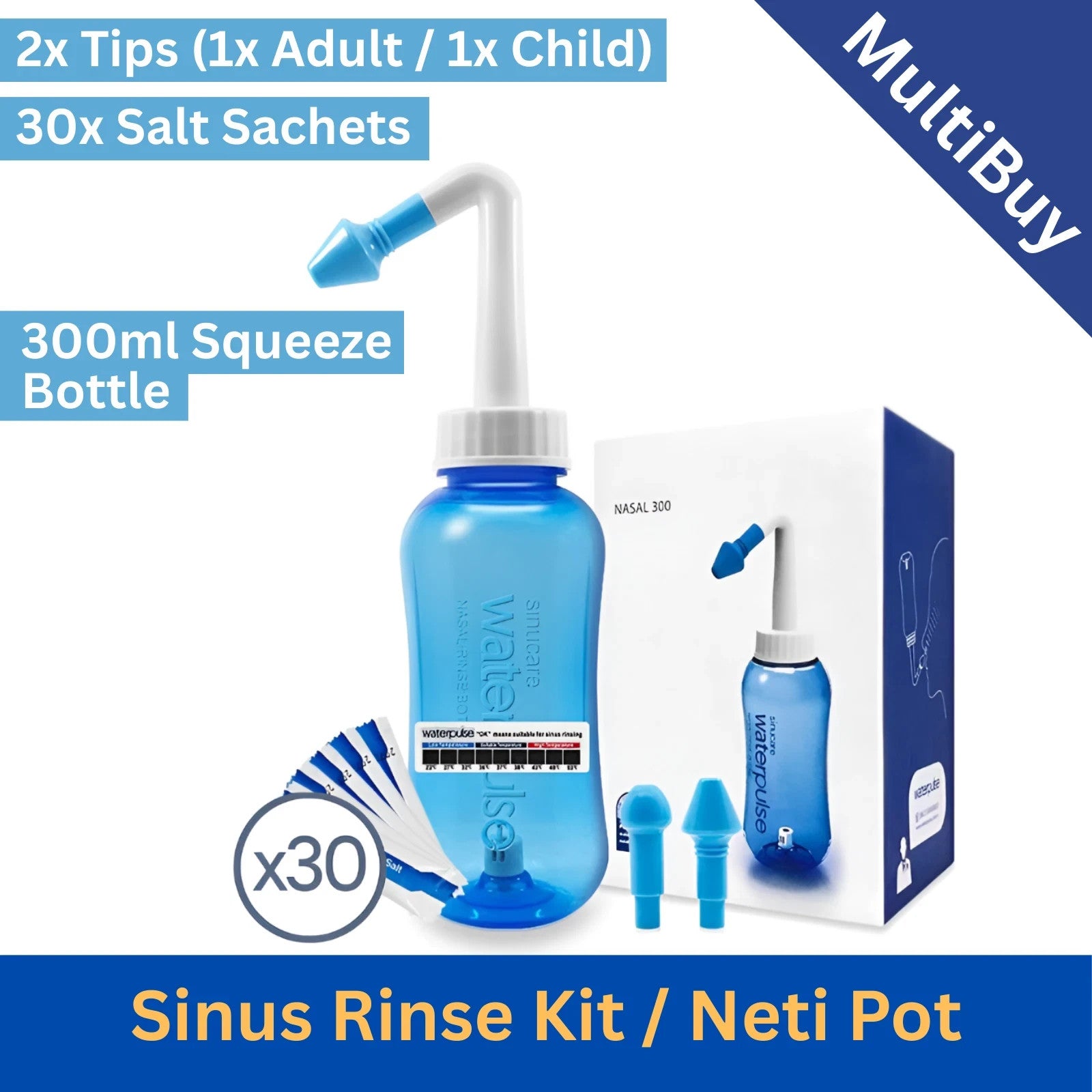 300ml Sinus Rinse Kit WATERPULSE Neti Pot Sinus Nasal Relief Wash 30 Salt Sachet