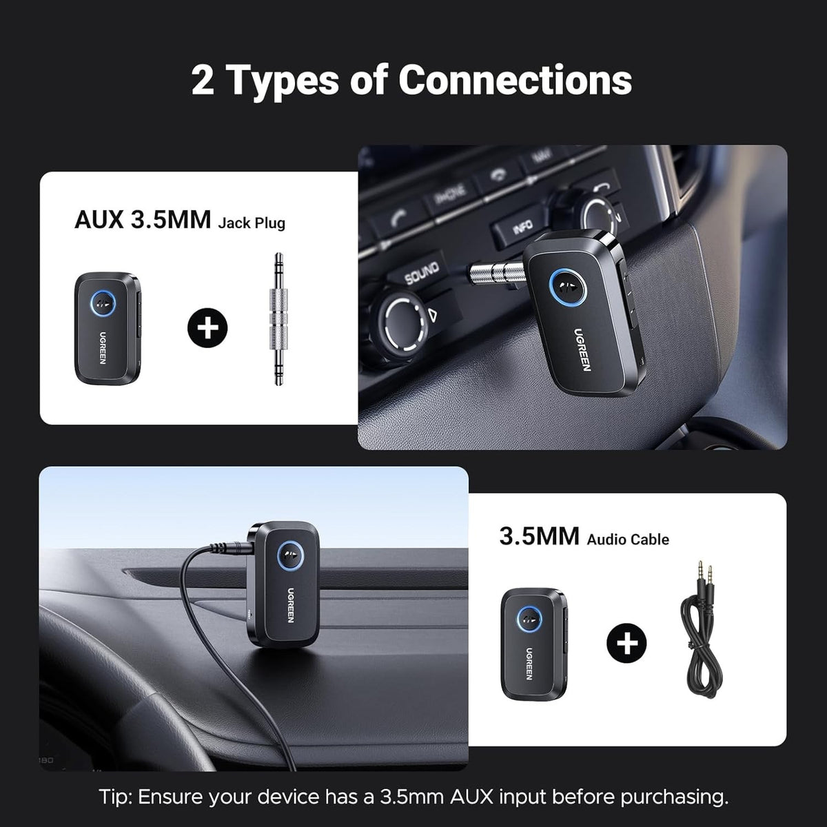 Ugreen Bluetooth 6.0 Receiver with 3.5 mm Jack with Multifunction Button Adapter
