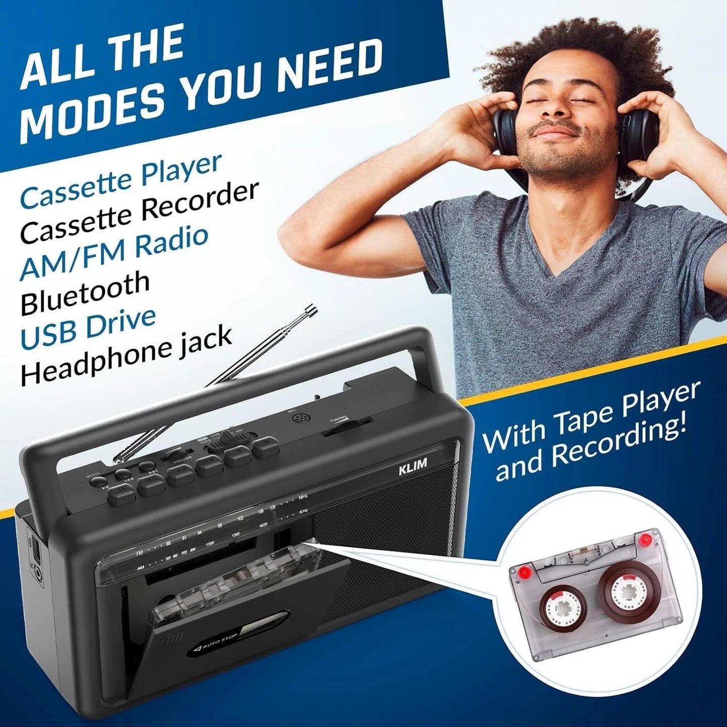 KLIM Portable Cassette Player & Tape Recorder – Boombox with AM/FM Radio, USB, B