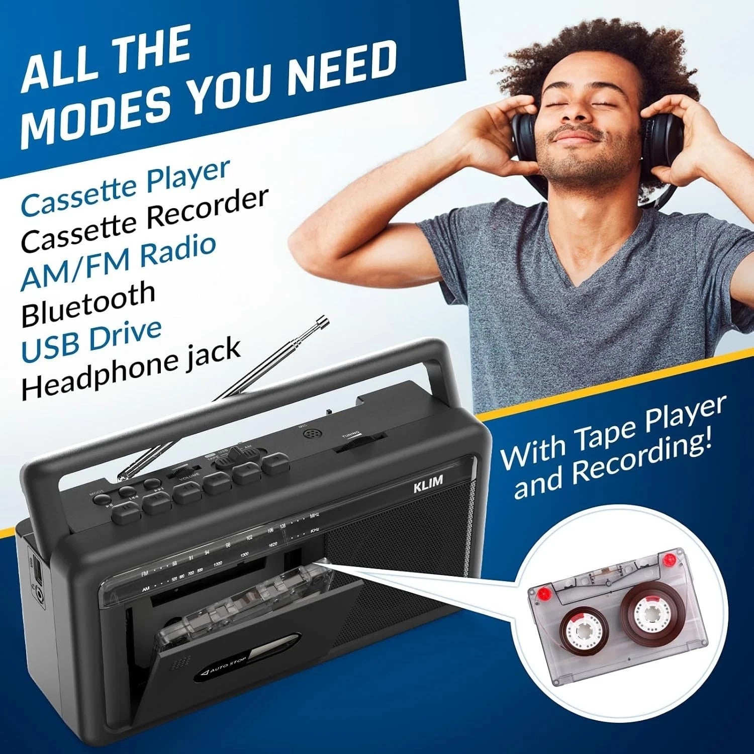 KLIM Portable Cassette Player & Tape Recorder – Boombox with AM/FM Radio, USB, B