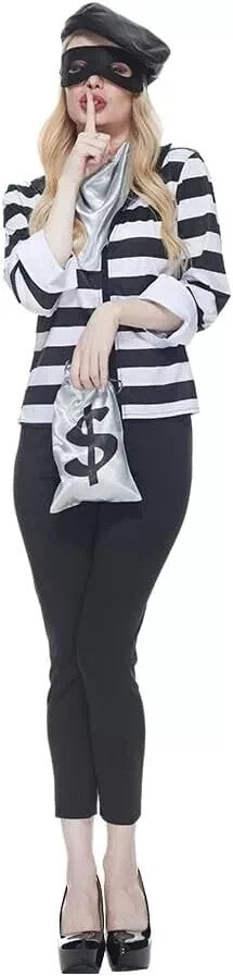 LADIES BURGLAR COSTUME ROBBER FANCY DRESS SHORT SLEEVE STRIPE EYEMASK - MEDIUM