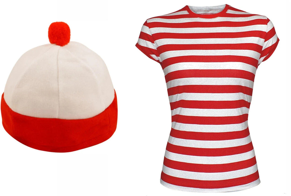 Ladies Where's Wally Costume  Women  Red & White Strips T-Shirt Book Day Dress