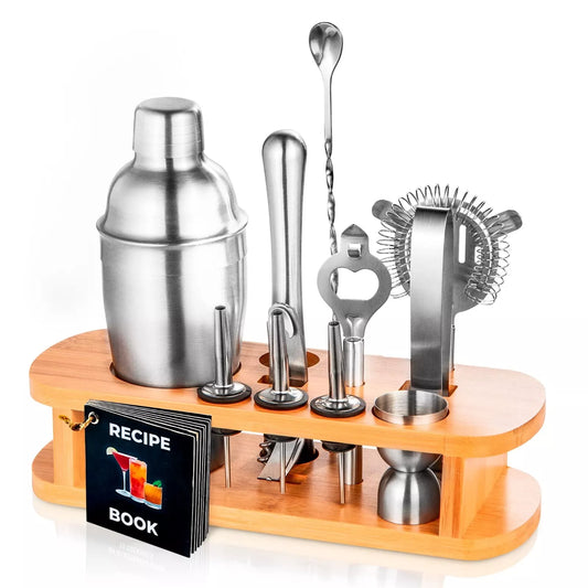 12 Pieces Cocktail Shaker Set Premium Stainless Kit with Bamboo Stand Gift Xmas