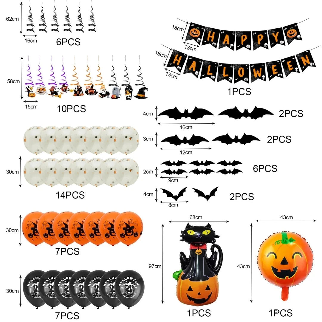 Spooky Halloween Party Decorations - 68 pcs Set includes Balloons, Bunting, Bats