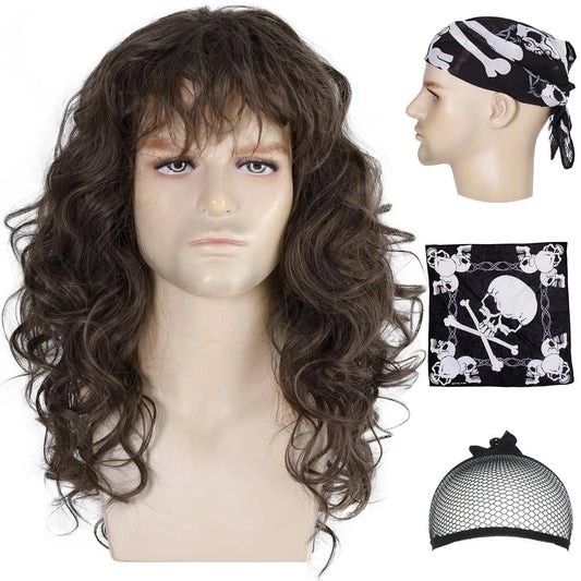 80/90S Wig For Eddie Munson Cosplay Heavy Punk Rocker Brown H7 Curly Long