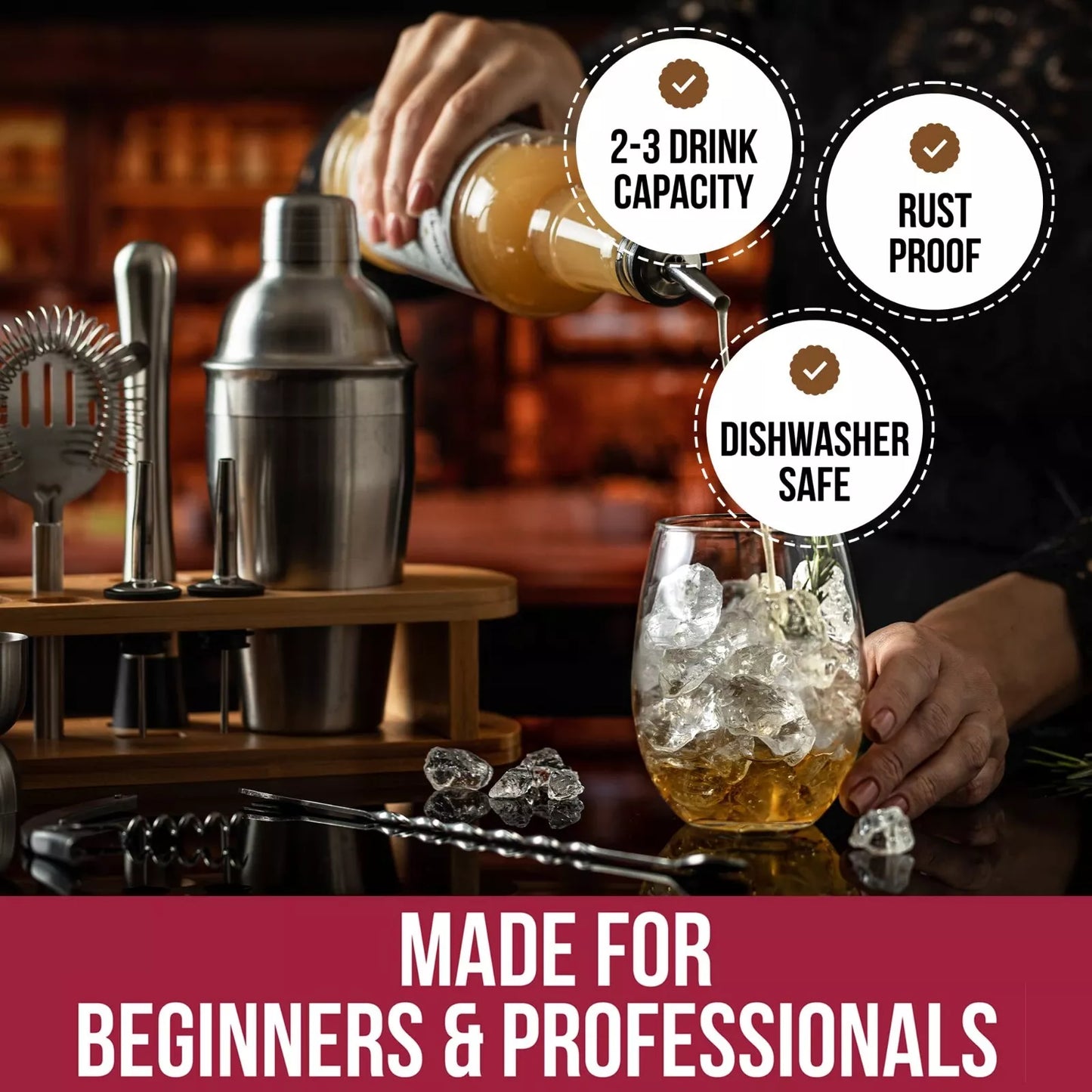 12 Pieces Cocktail Shaker Set Premium Stainless Kit with Bamboo Stand Gift Xmas